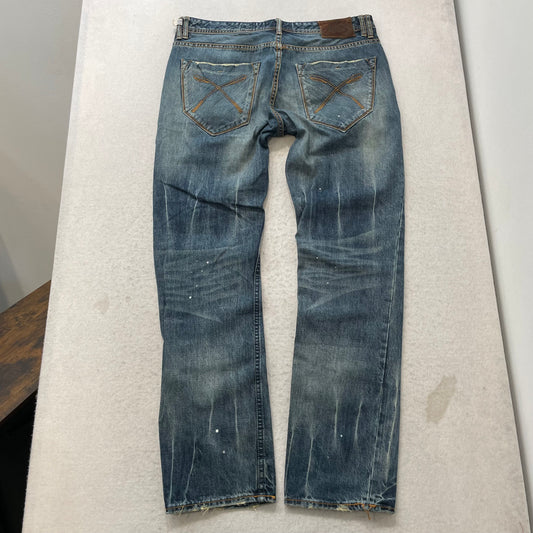 Akoo Brand Men's Blue Straight-Leg Distressed Ripped Knee Denim Jeans Size 36