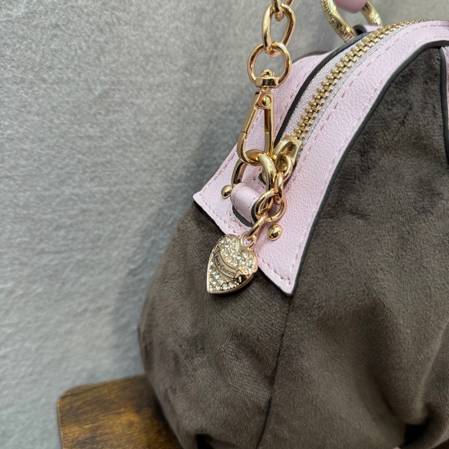 Vintage Juicy Couture brown velour mini bowler bag pink sequin logo heart charm