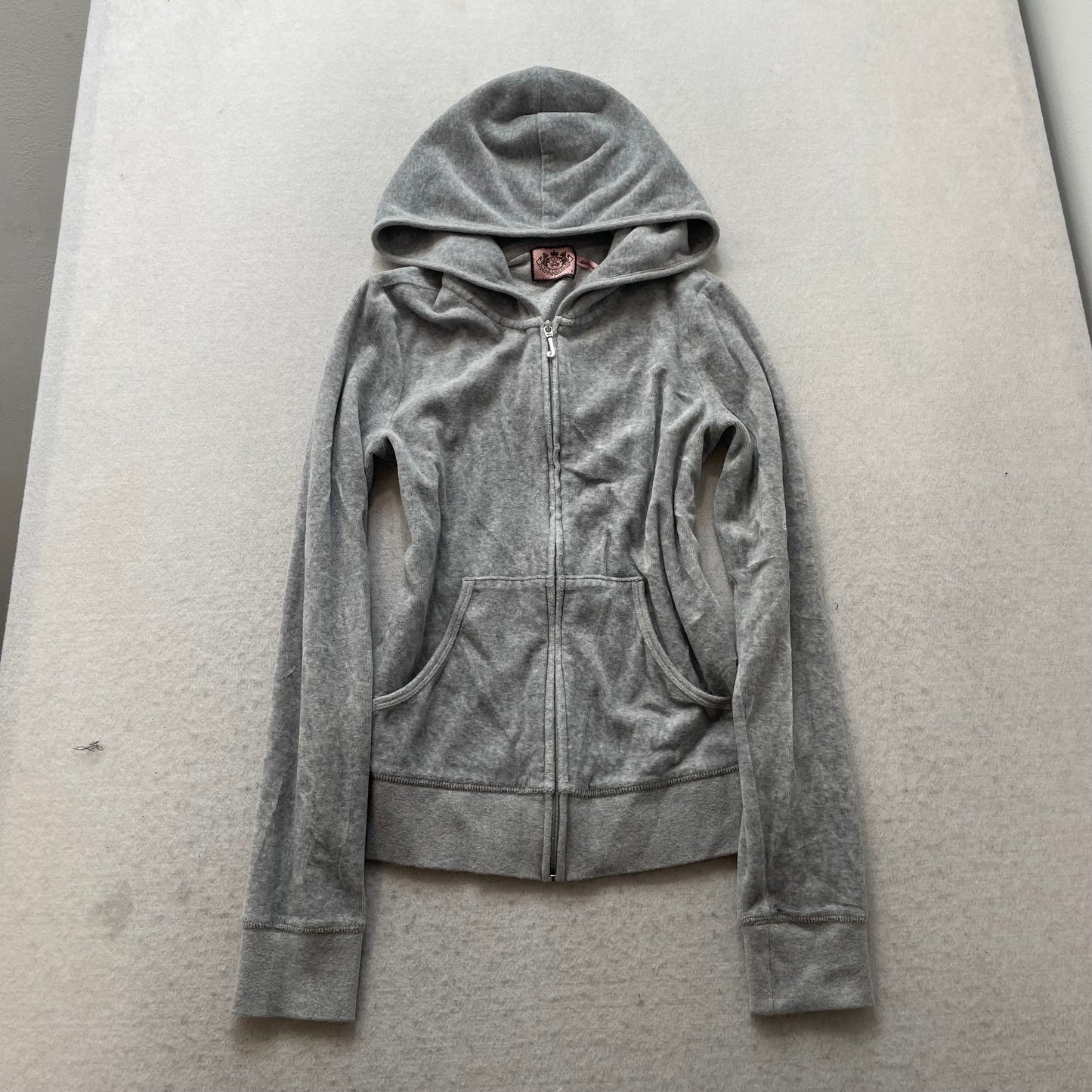 Vintage Juicy Couture Women's Gray Velour Zip Up Hoodie Rhinestones Logo Size S