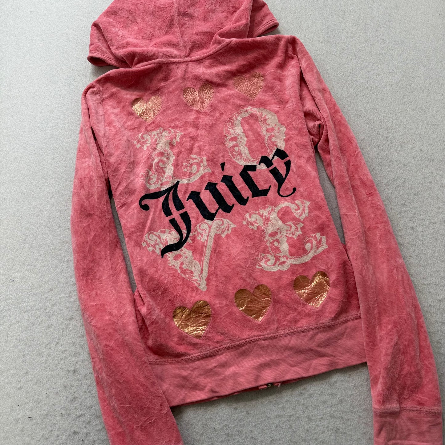 Vintage Juicy Couture Women's Pink Velour Full Zip Hoodie Graphic Pockets Size L