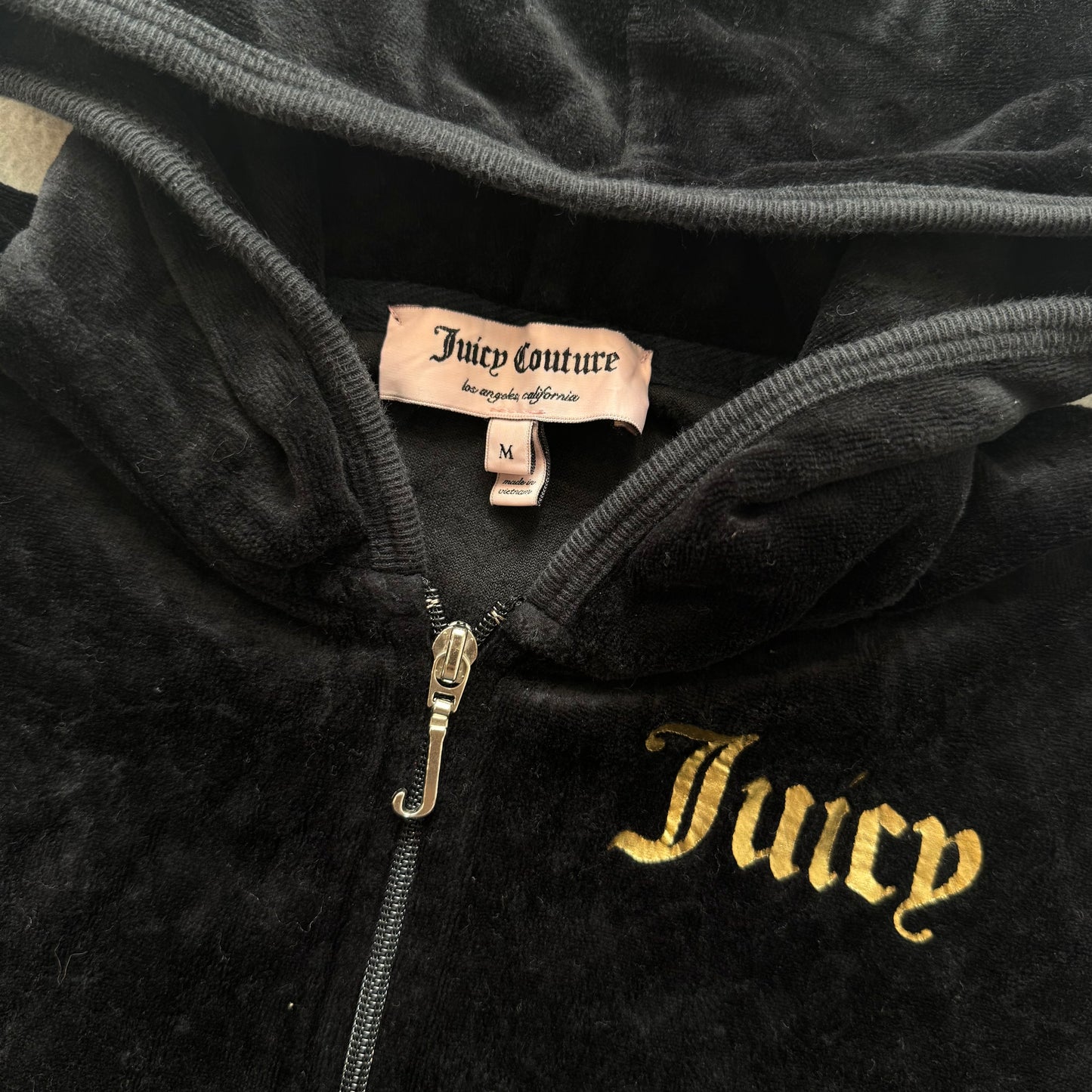 Juicy Couture Women's Black Velour Full Zip Hoodie Pockets Graphic Logo Size M
