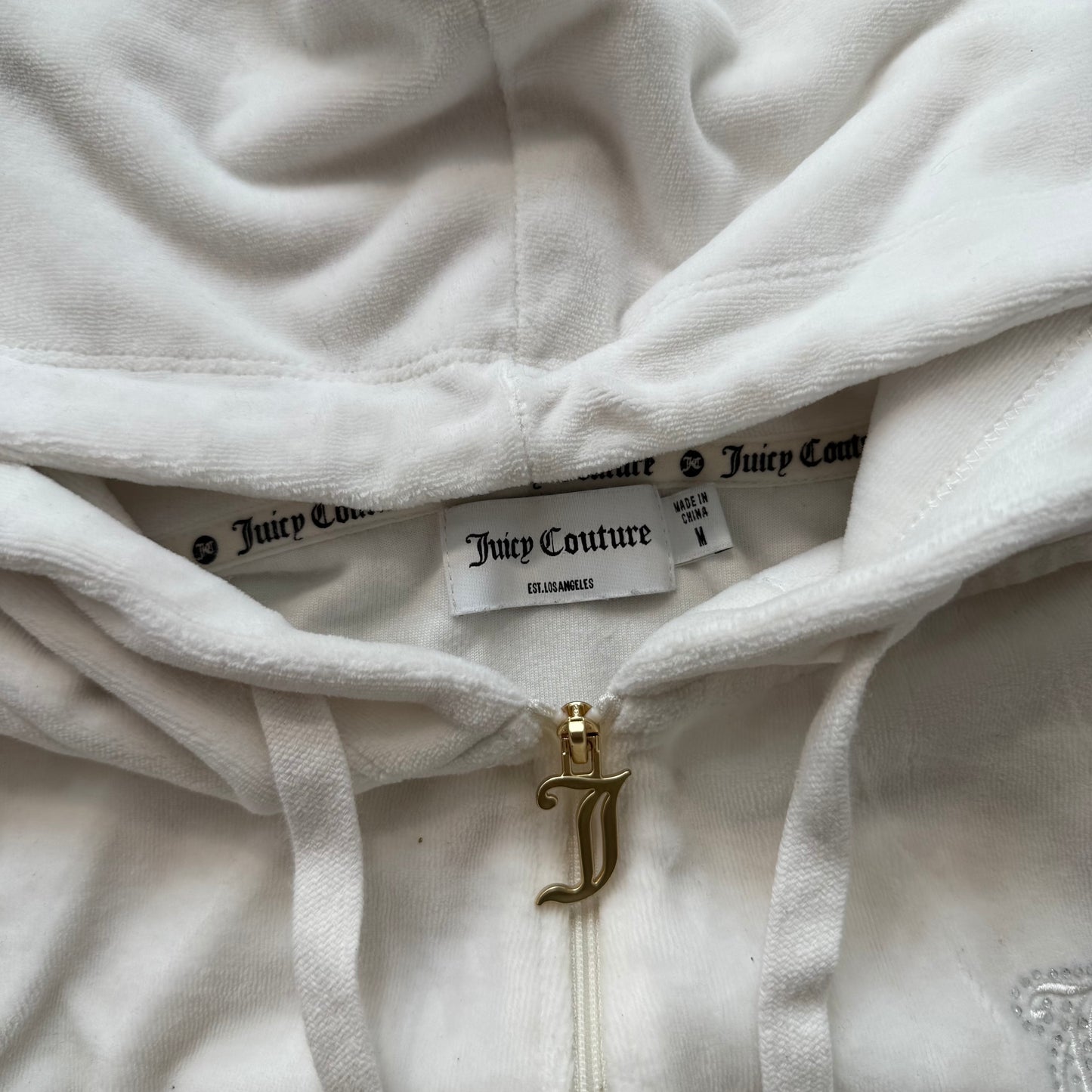 Juicy Couture Women's White Velour Zip Up Cropped Hoodie Rhinestones Logo Size M