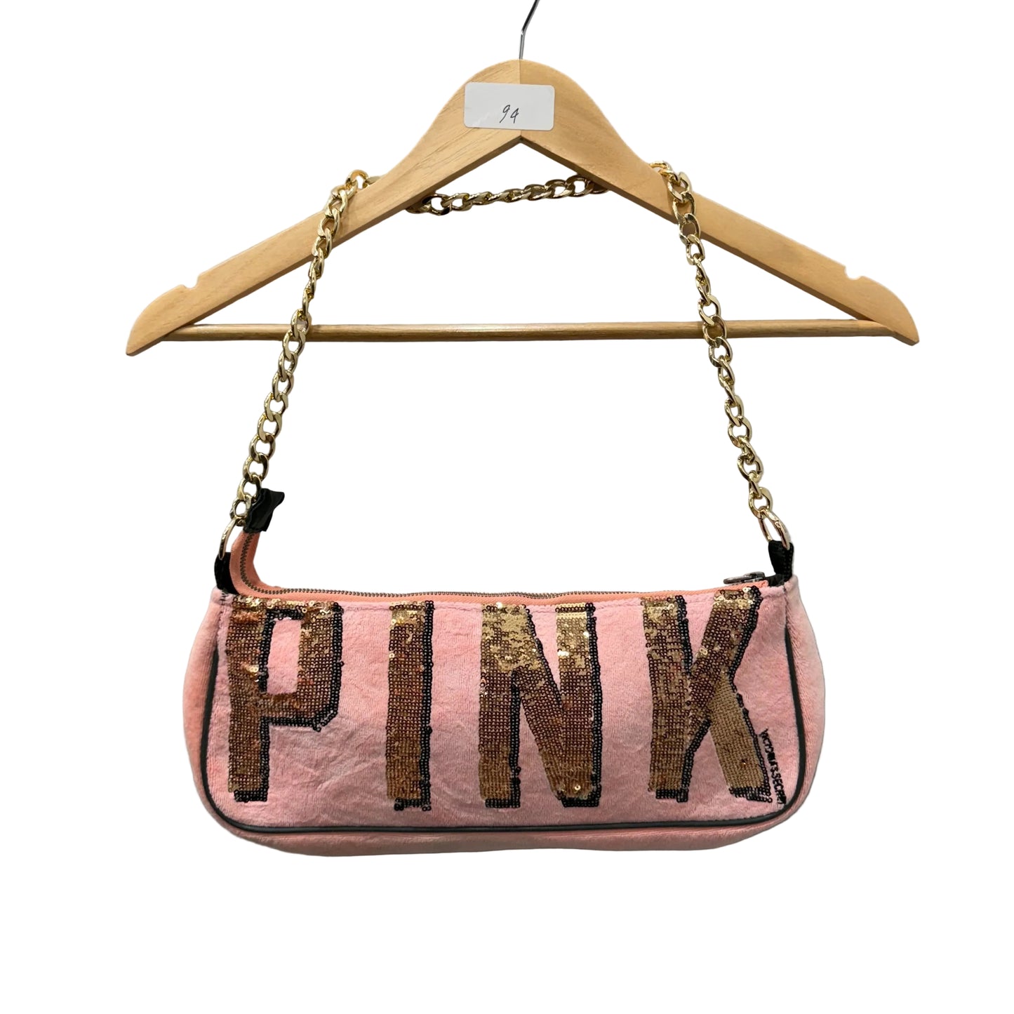 PINK Victoria's Secret Pink Velour Gold Sequin Logo Casual Shoulder Baguette Bag