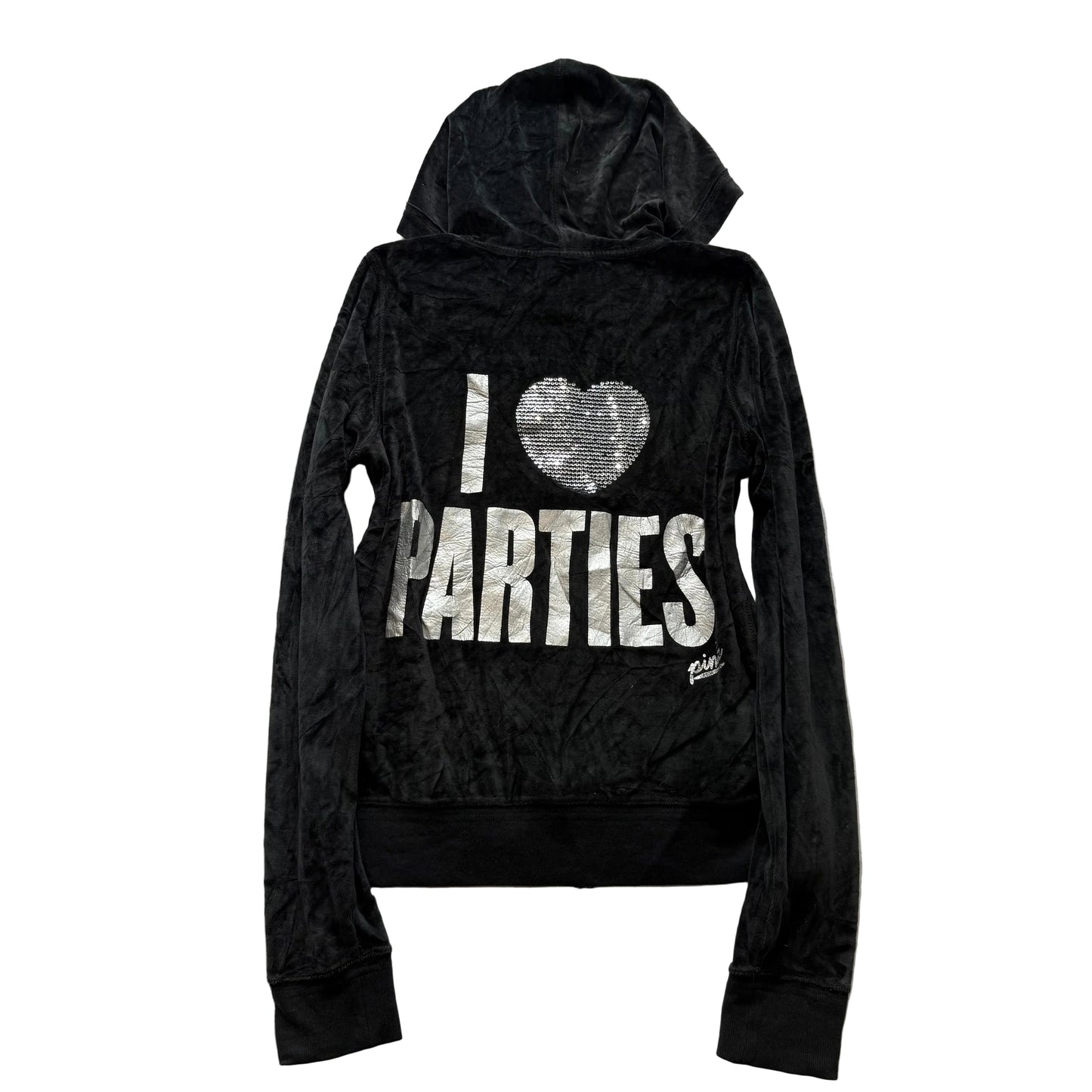 Victoria's Secret PINK Women's Black Velour Hoodie I Love Parties Sequin Size L