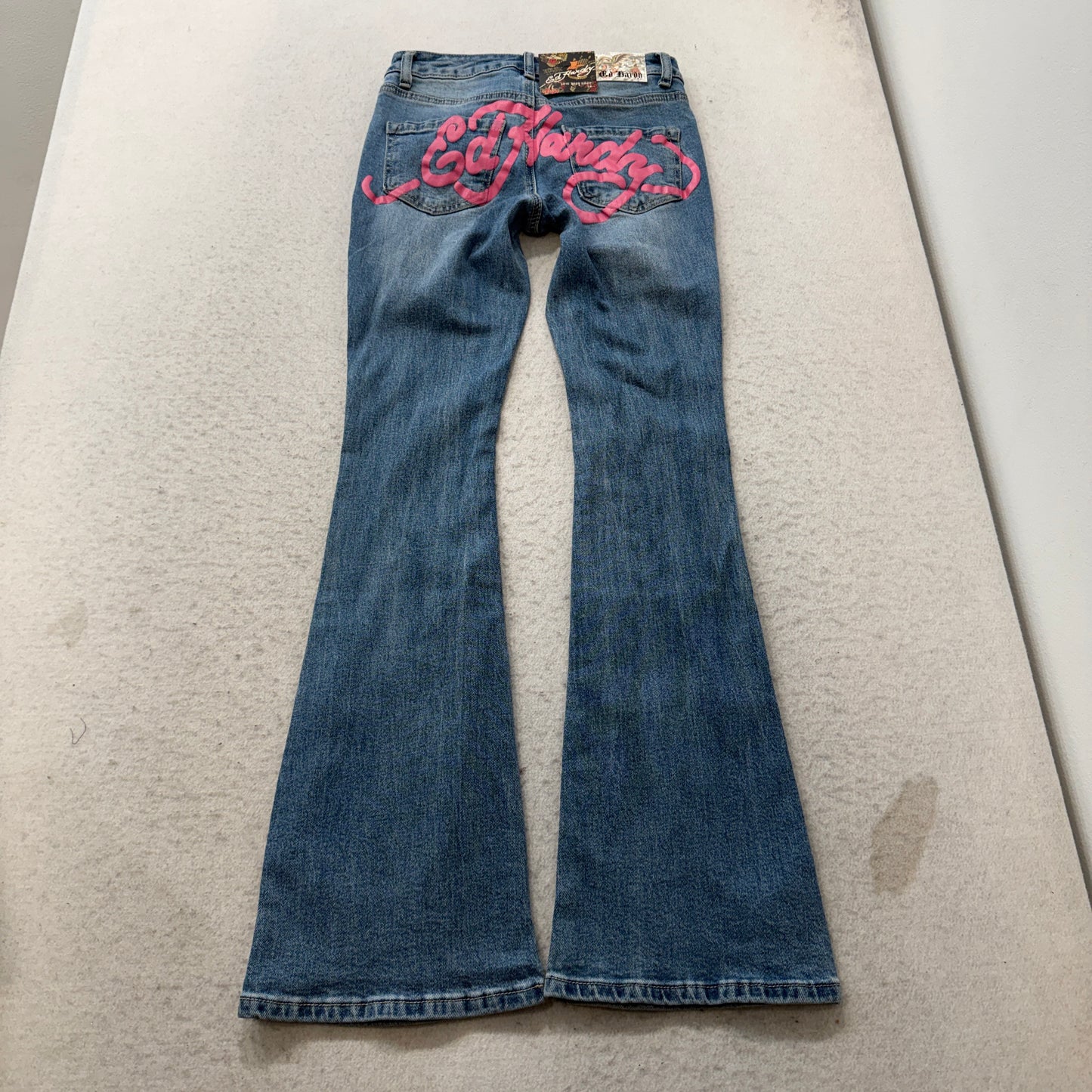 Ed Hardy Women's Blue Skull Rose Graphic Flare Denim Jeans Tattoo Print Size 24