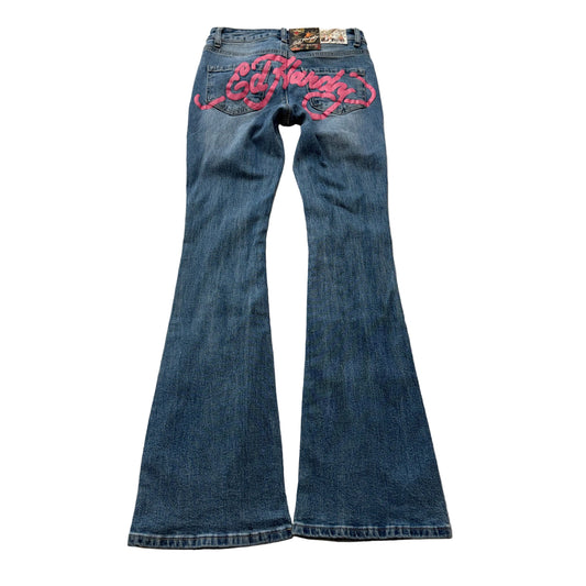 Ed Hardy Women's Blue Skull Rose Graphic Flare Denim Jeans Tattoo Print Size 24
