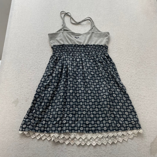 Roxy Womens Grey Black All Over Print Smocked Cami Dress Lace Hem Casual Size L