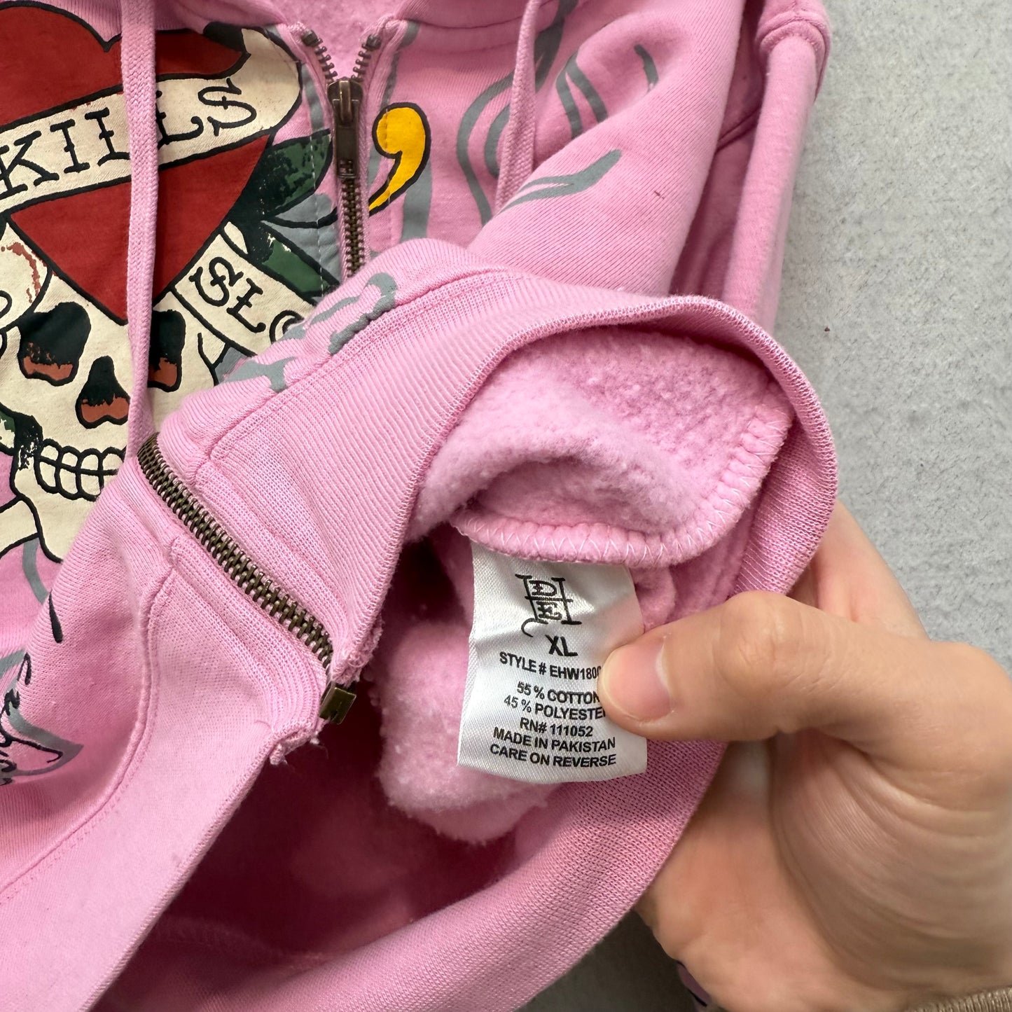 Ed Hardy Love Skull & Tiger Women's Pink Zip-Up Cropped Hoodie Graphic Size XL