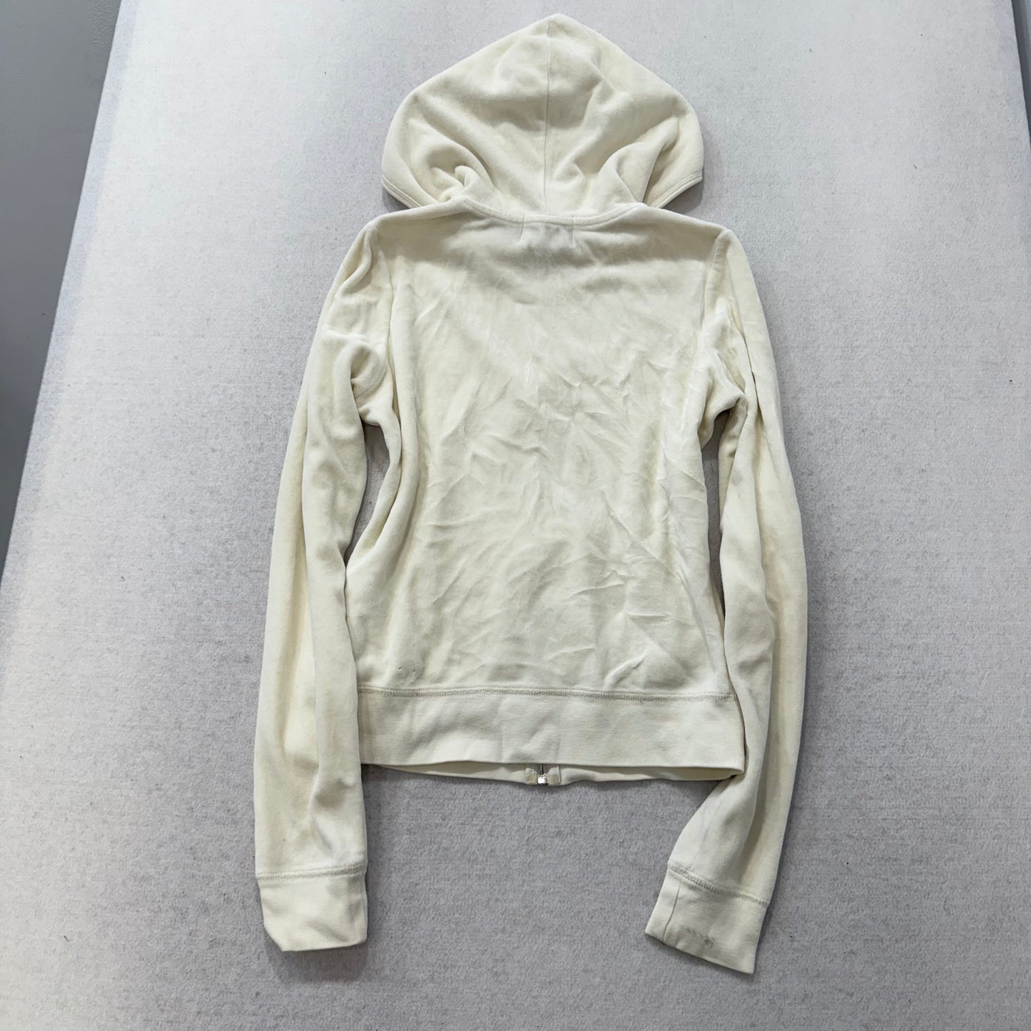 Juicy Couture Women's Ivory Velour Full Zip Hoodie Split Kangaroo Pockets Size M