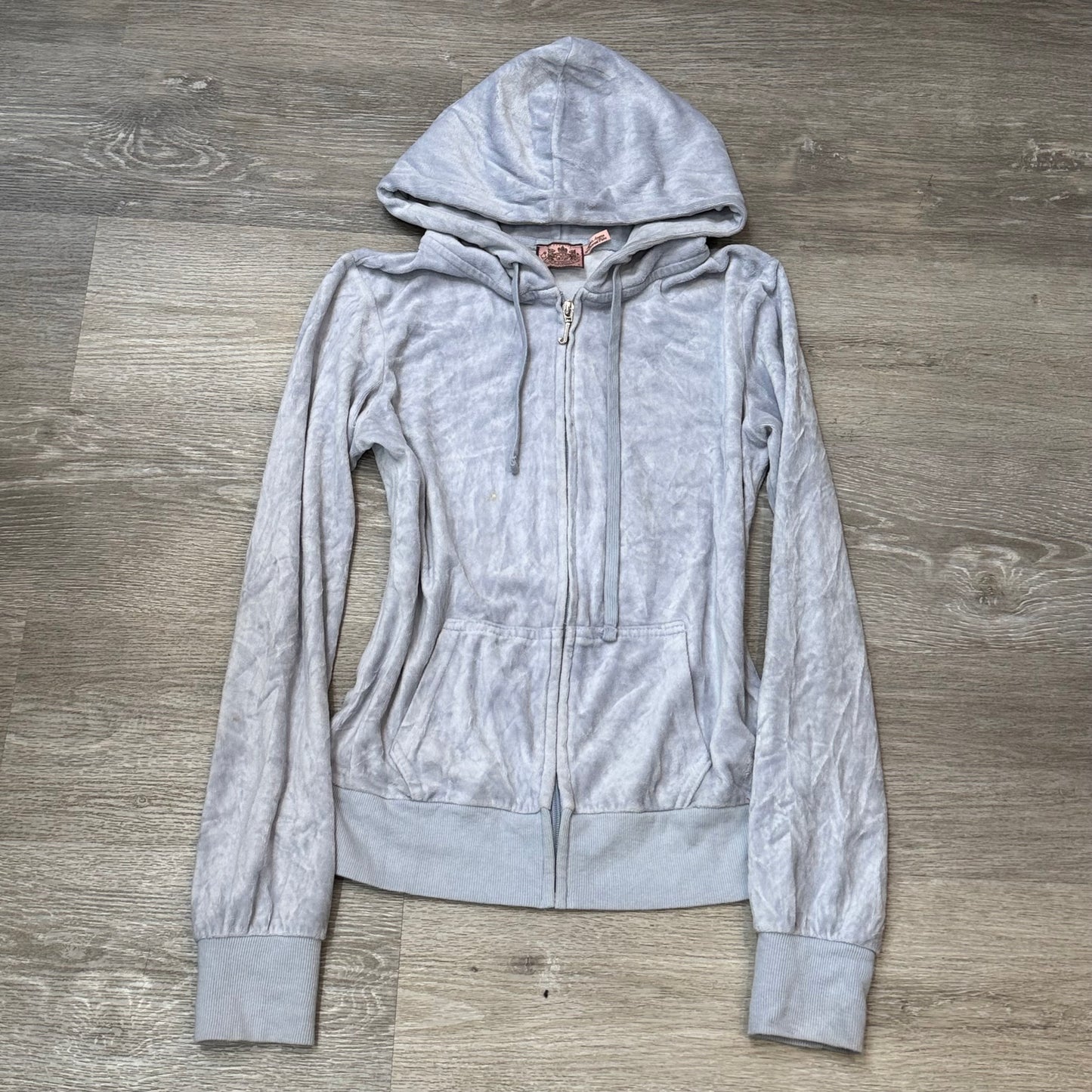 Vintage Juicy Couture Womens Ice Blue Velour Zip-Up Hoodie Drawstring Y2k Size S