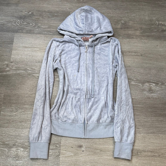 Vintage Juicy Couture Womens Ice Blue Velour Zip-Up Hoodie Drawstring Y2k Size S