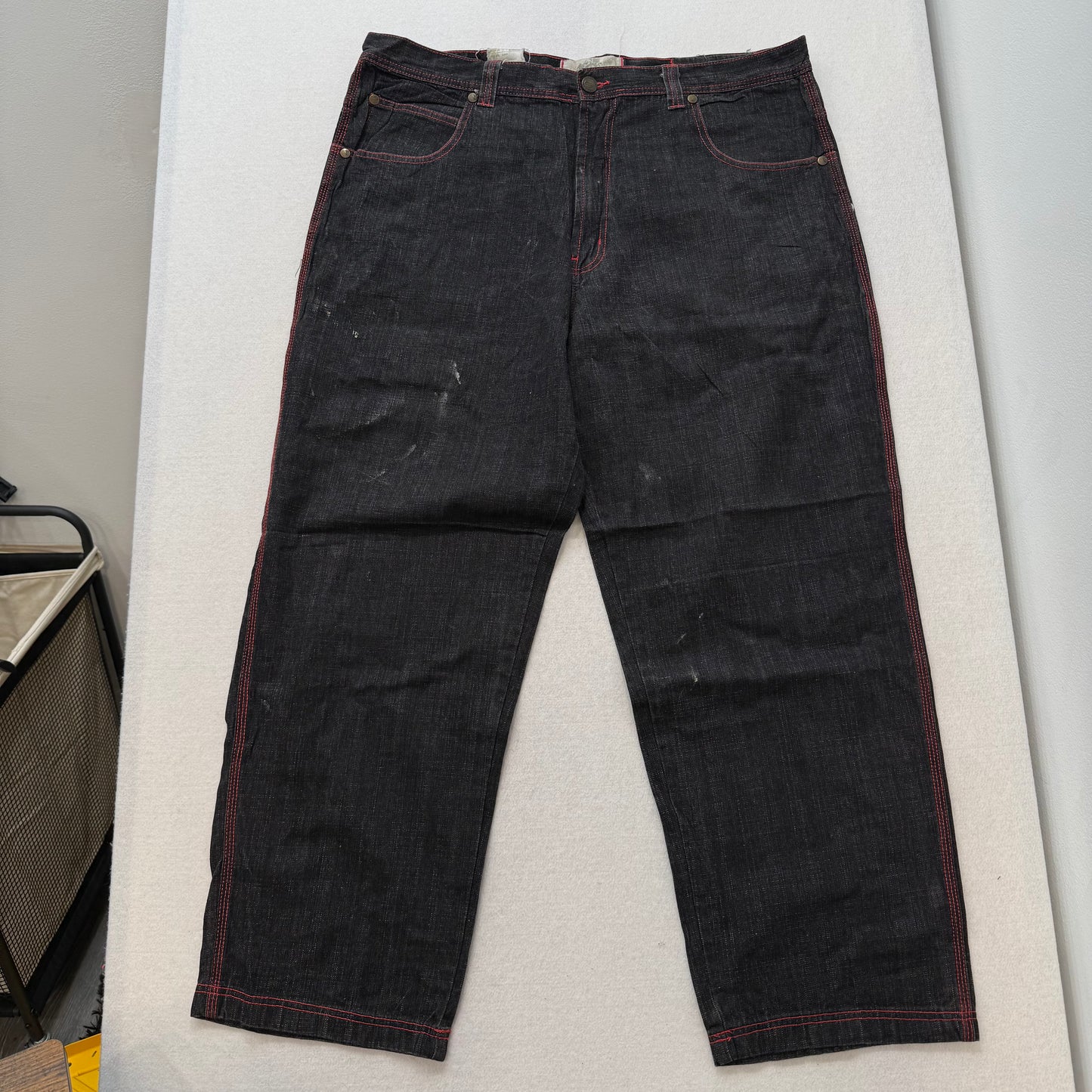 RK Richards Jeans Co Black Denim Straight Leg Jeans Red Contrast Stitching Size 21