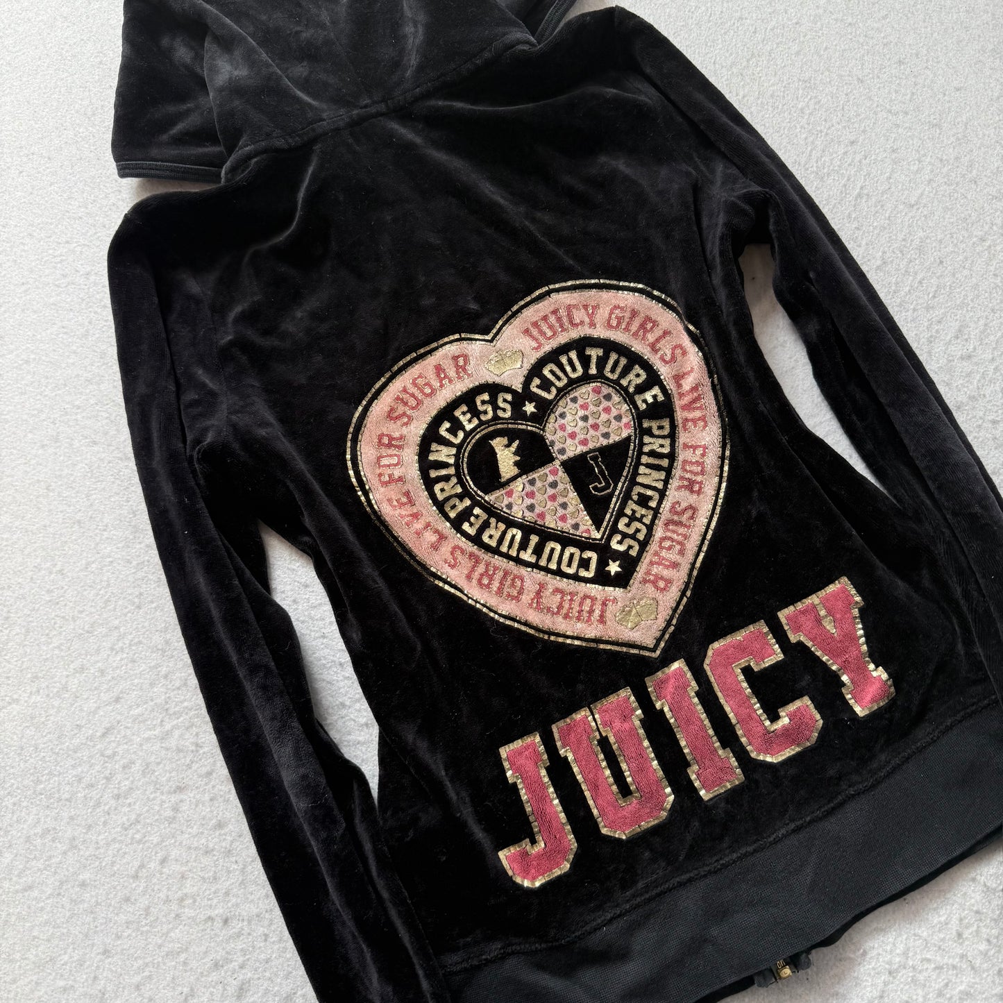 Juicy Couture “Juicy Girls Live For Sugar” Womens Black Velour Hoodie Size 14