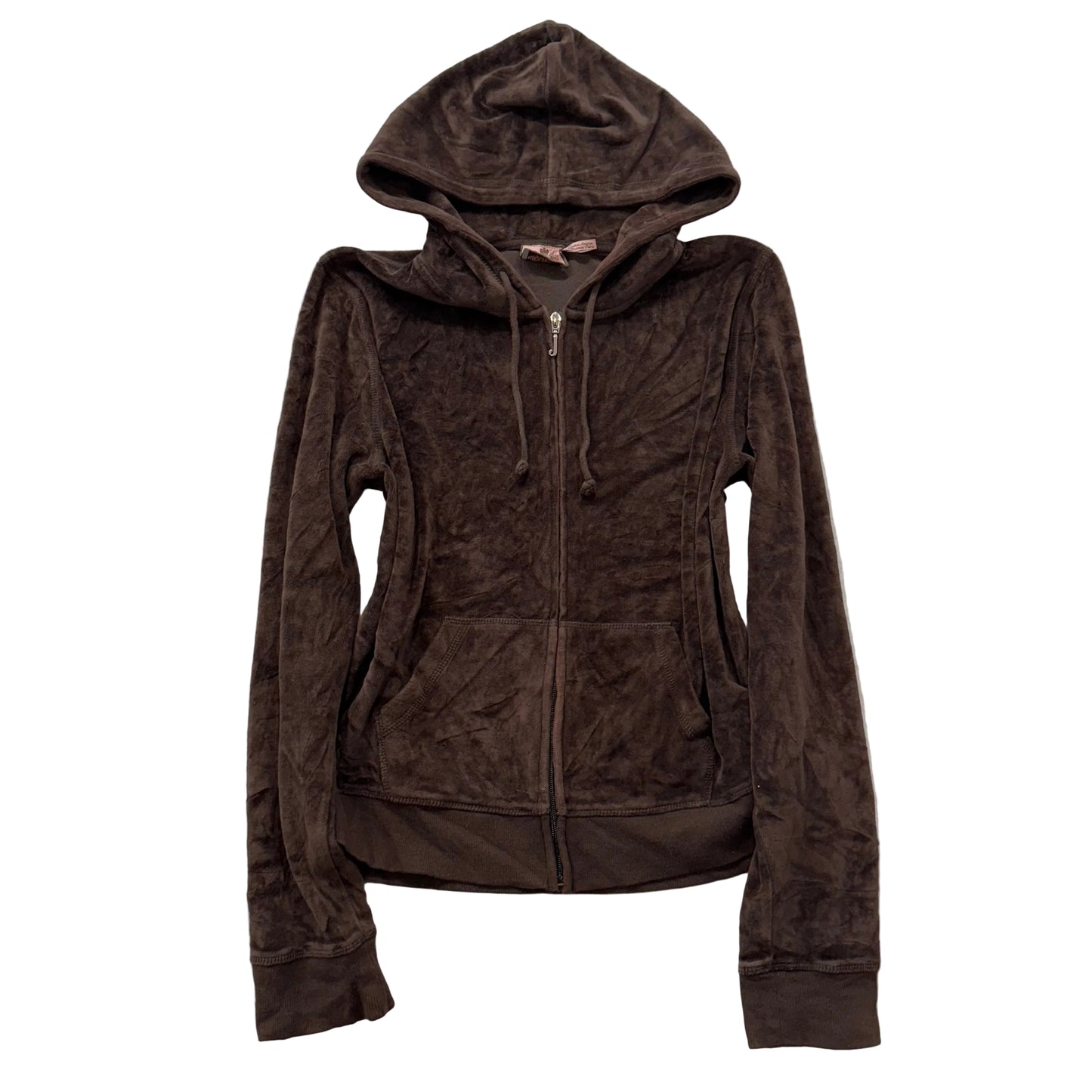 Juicy Couture Women's Brown Velour Zip Up Hoodie Split Kangaroo Pockets Size XL