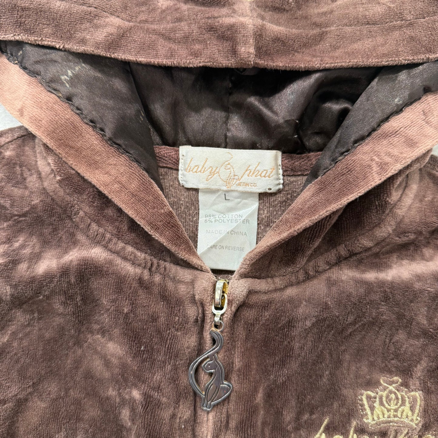 Vintage Baby Phat Womens Brown Velour Zip Up Hoodie Graphic Back Logo Y2K Size L
