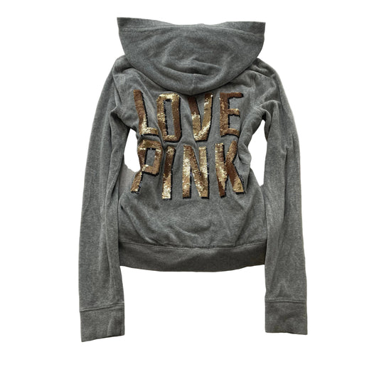 PINK Victoria's Secret Women's Heather Gray Velour Zip Up Hoodie Fur Trim Size S