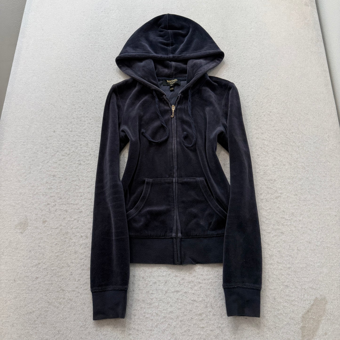 Juicy Couture Loves You Black Label Women Dark Navy Velour Zip-Up Hoodie Size XS