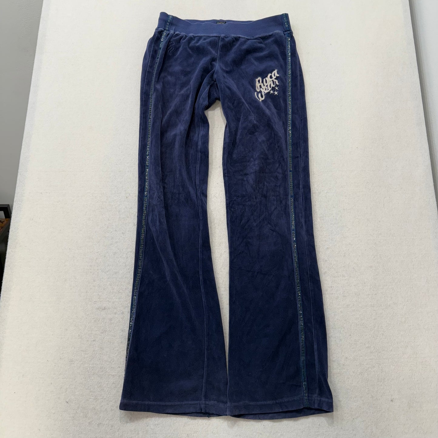 Rocawear Women’s Navy Flared Track Pants Embroidery Sequin Logo Low Rise Size S