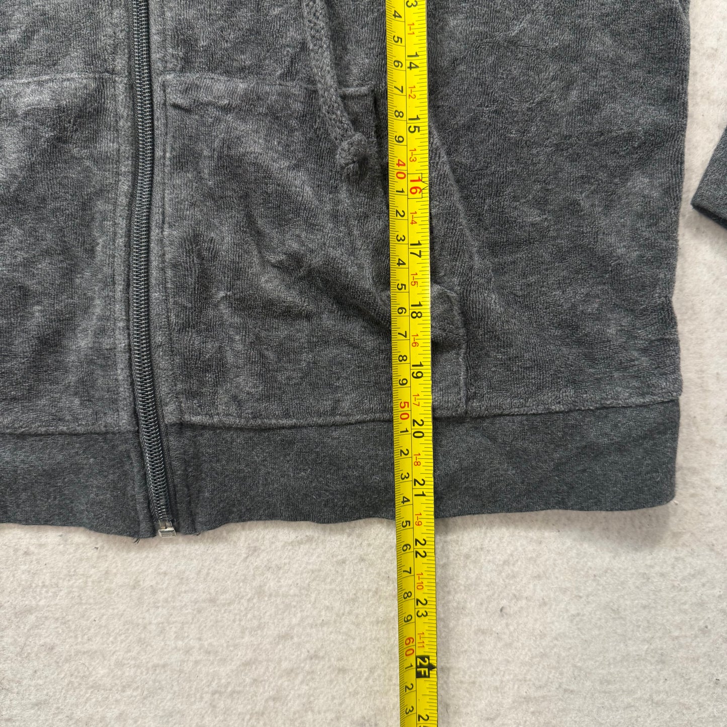 Juicy Couture Women Dark Gray Velour Zip-Up Hoodie Y2k Drawstring Pockets Size M