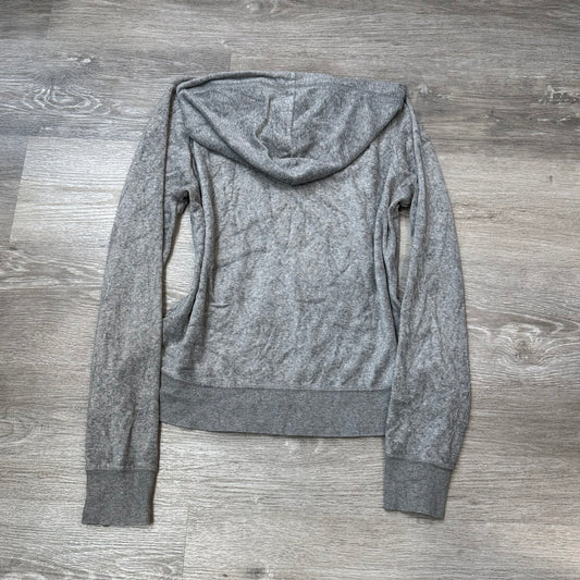 Vintage Juicy Couture Women's Gray Velour Zip-Up Hoodie Drawstring Pocket Size L