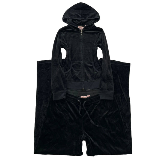 Juicy Couture Women's Black Velour Tracksuit Set Hoodie & Flared Pant Size M
