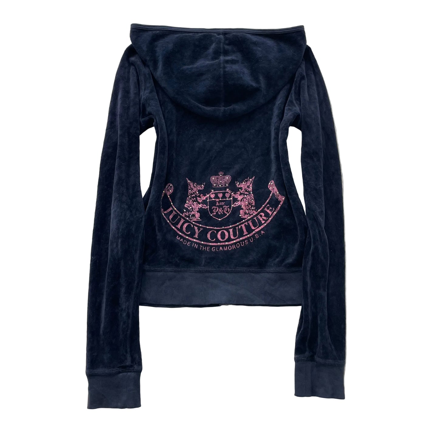Juicy Couture Scottie Dogs Women's Navy Blue Velour Zip-Up Hoodie Pockets Size M