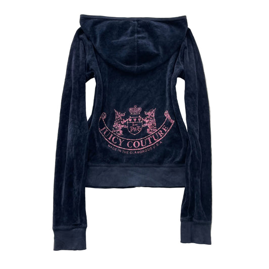 Juicy Couture Scottie Dogs Women's Navy Blue Velour Zip-Up Hoodie Pockets Size M