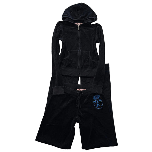 Vintage Juicy Couture Womens Black Velour Tracksuit Set Hoodie & Pant Y2k Size S