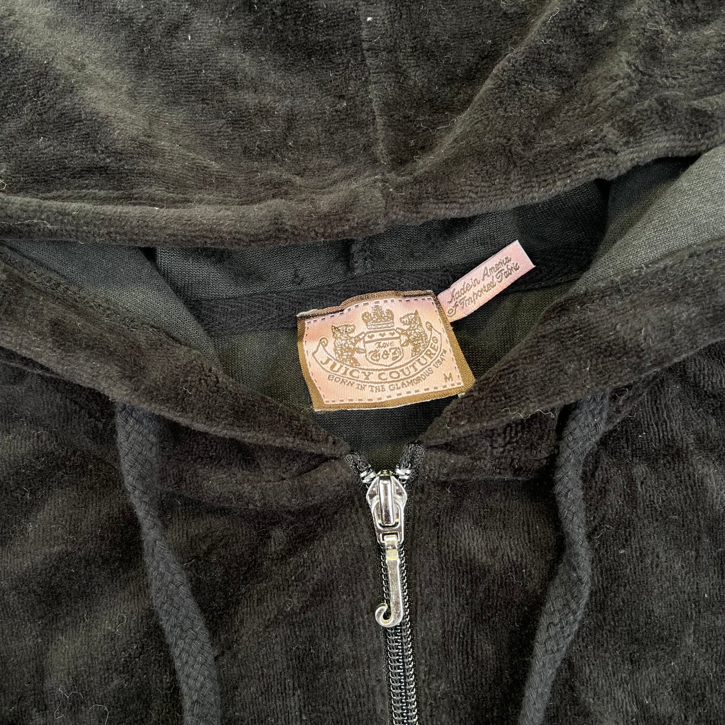 Juicy Couture Women's Black Velour Full Zip Hoodie Drawstring Pockets Y2k Size M