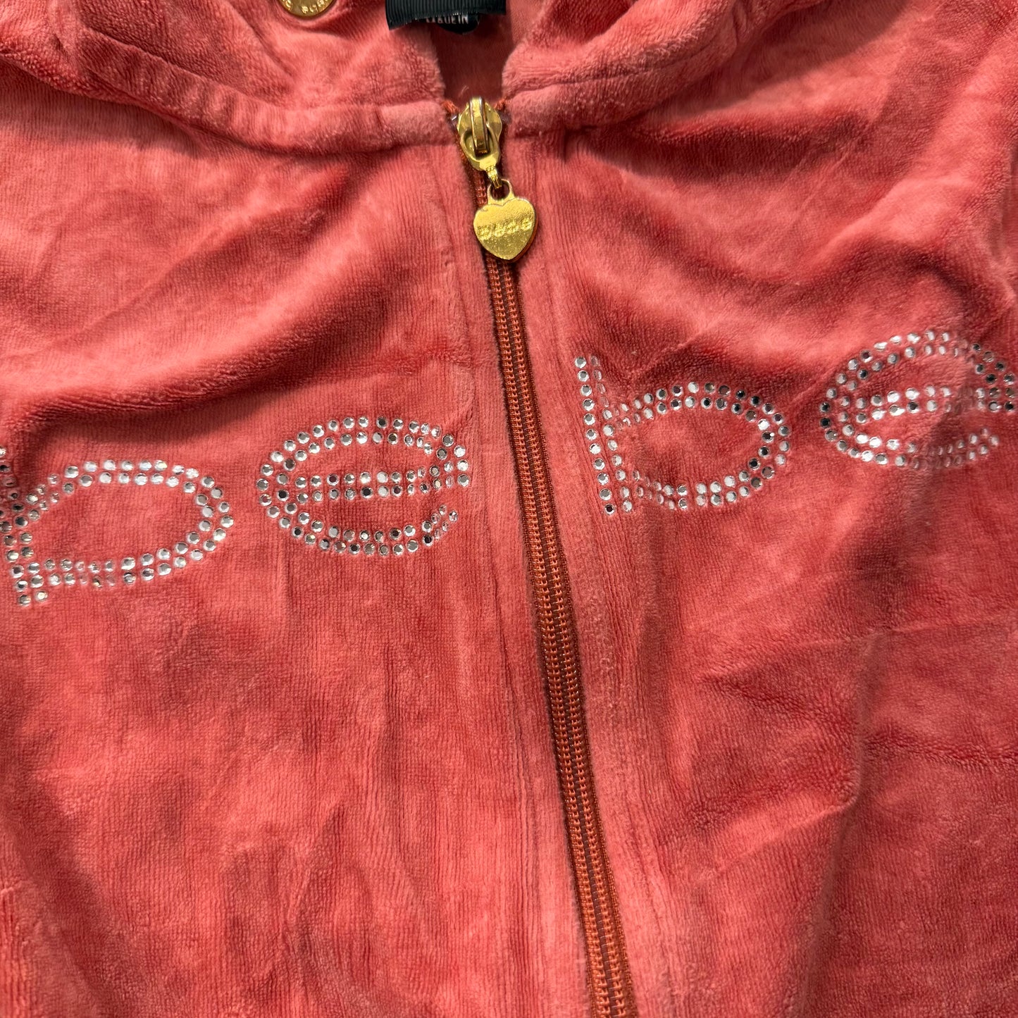 Bebe Women's Coral Pink Velour Full Zip Hoodie Loungewear Rhinestone Logo Size M