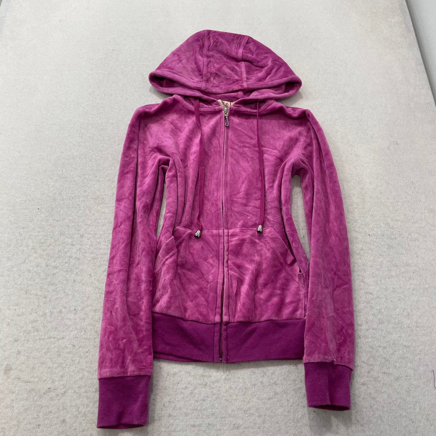 Vintage Juicy Couture Women's Magenta Velour Zip-Up Hoodie Graphic Logo Size S