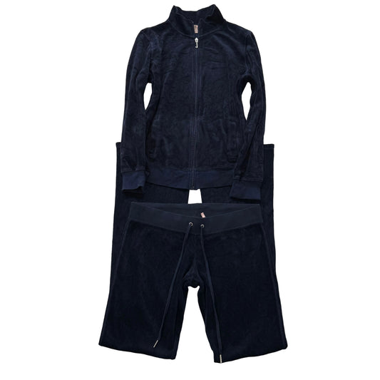 Juicy Couture Women Navy Velour Tracksuit Set Track Jacket & Flare Pant Size M/L