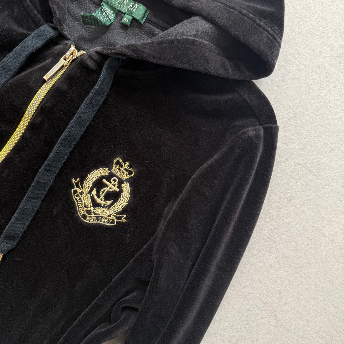 Lauren Ralph Lauren Women's Black Velour Full Zip Hoodie Zip Pockets Y2K Size L