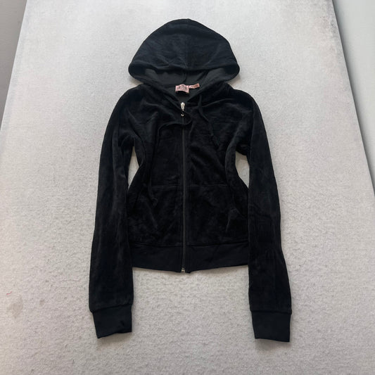Vintage Juicy Couture Womens Black Velour Tracksuit Set Hoodie & Pant Y2k Size S