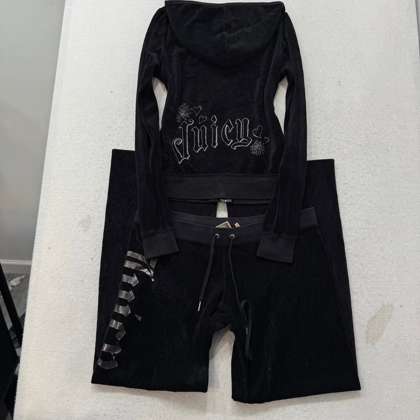 Juicy Couture Black Velour Tracksuit Set Zip-Up Hoodie Drawstring Pant Size M/L