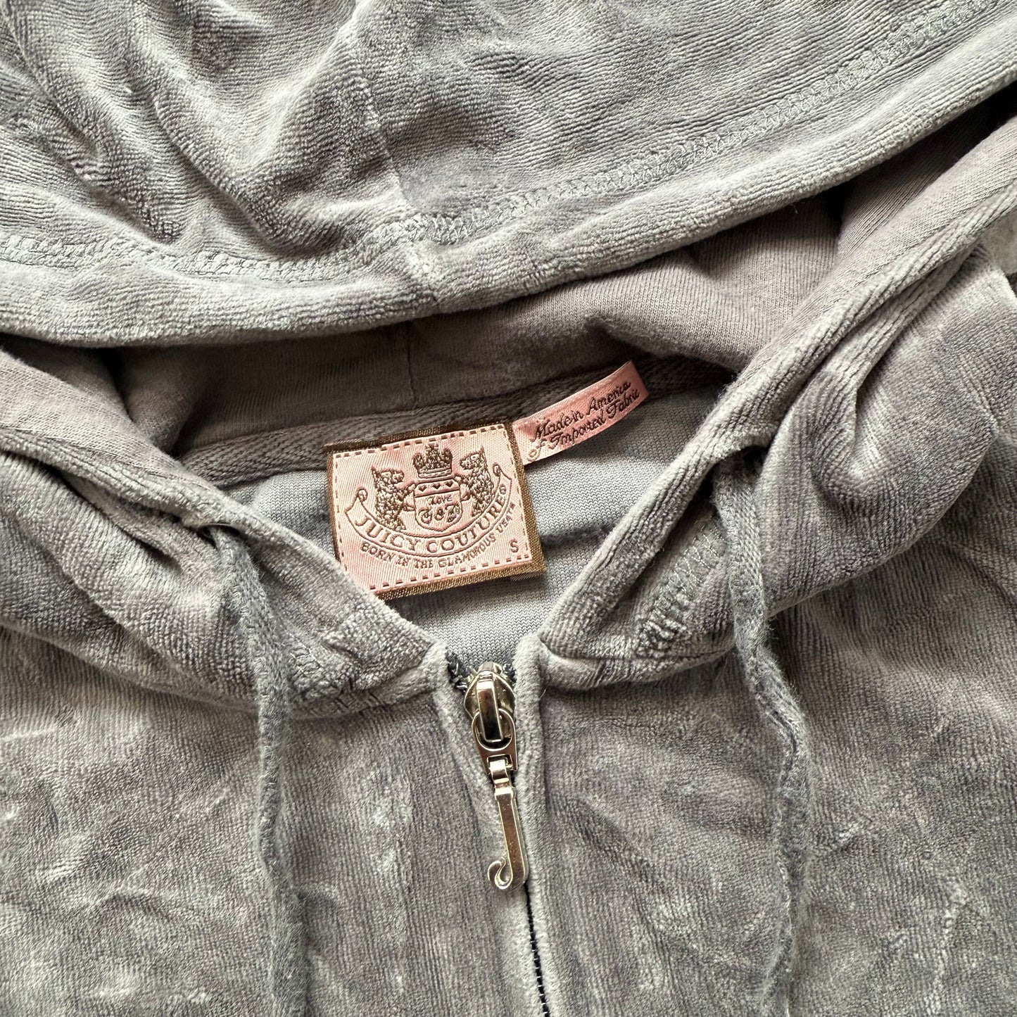 Vintage Juicy Couture Women's Gray Velour Zip-Up Hoodie Back Graphic Logo Size S