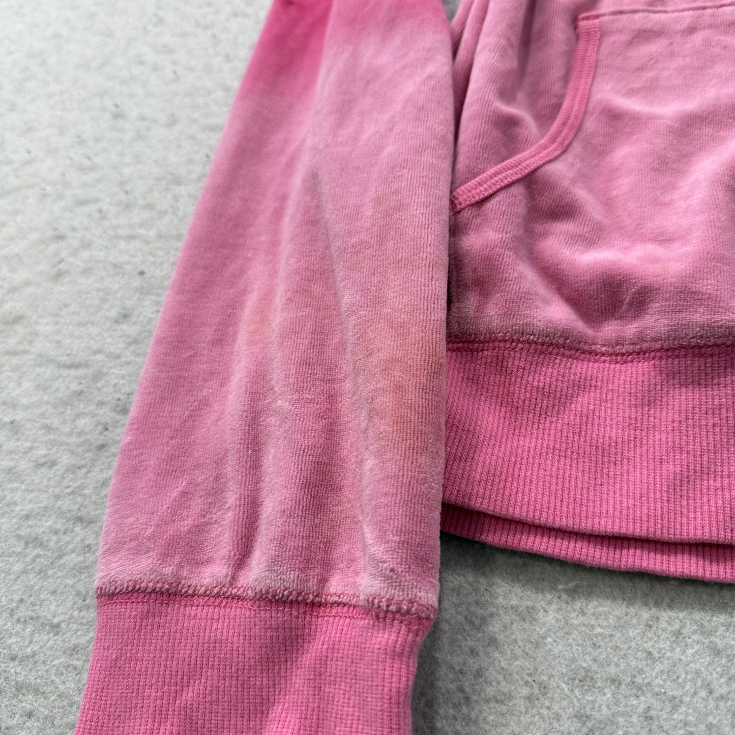 Vintage Juicy Couture Women's Pink Velour Zip-Up Faux Fur-Trimmed Hood Size L