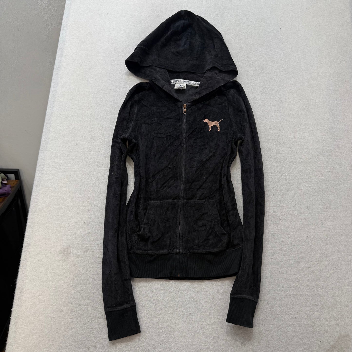 PINK Victoria's Secret Women's Black Velour Zip Up Hoodie Graphic Logo Size XS