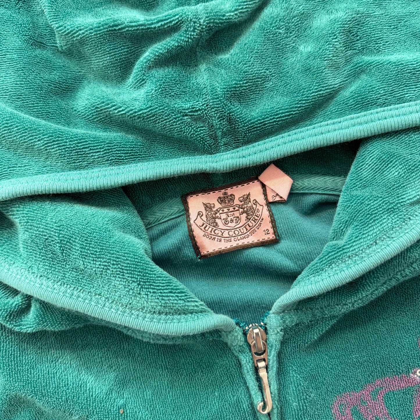 Juicy Couture Women's Blue-Green Terry cloth Tracksuit Set Hoodie & Pant Size 12