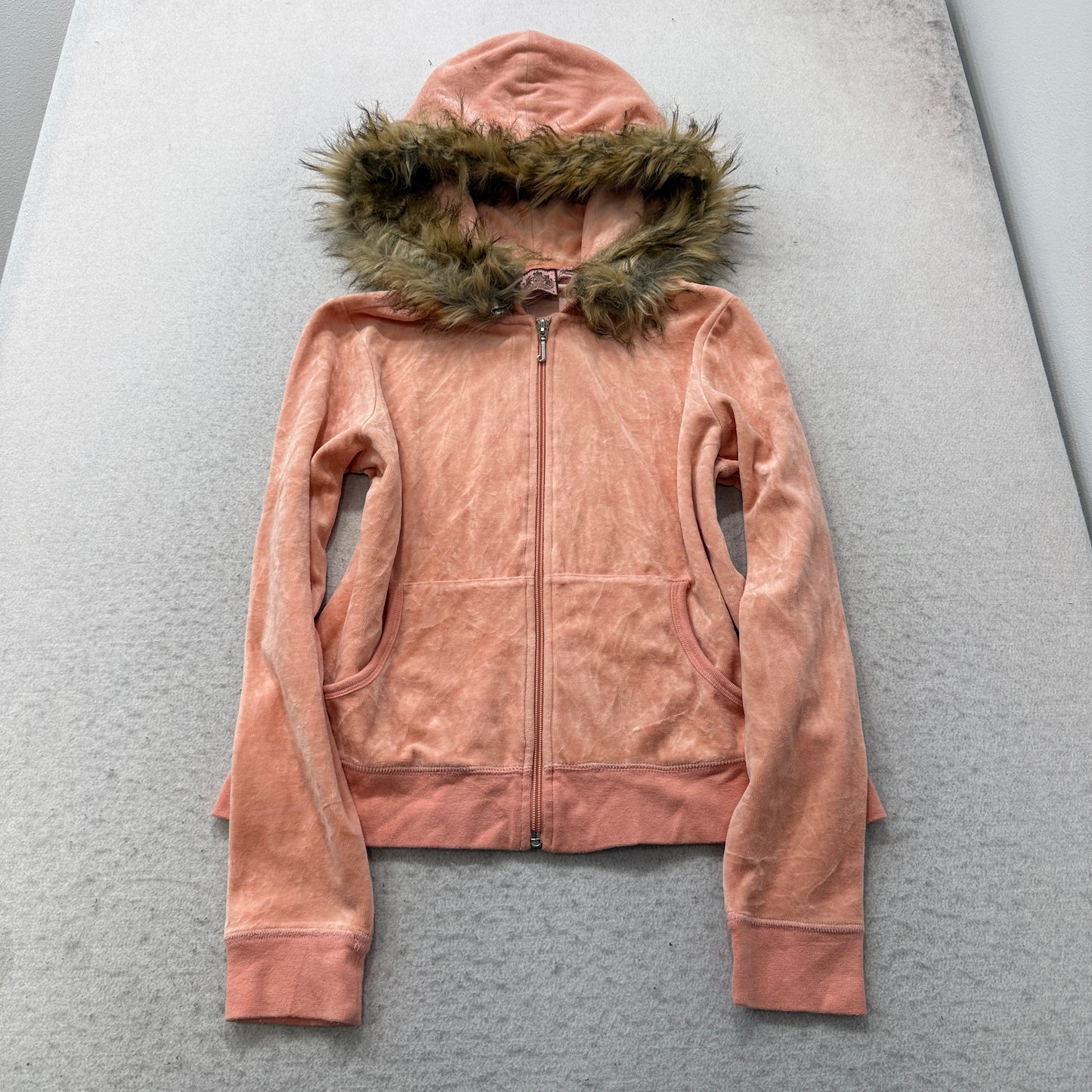 Vintage Juicy Couture Women's Coral Pink Velour Zip-Up Faux Fur-Trimmed Hood - S