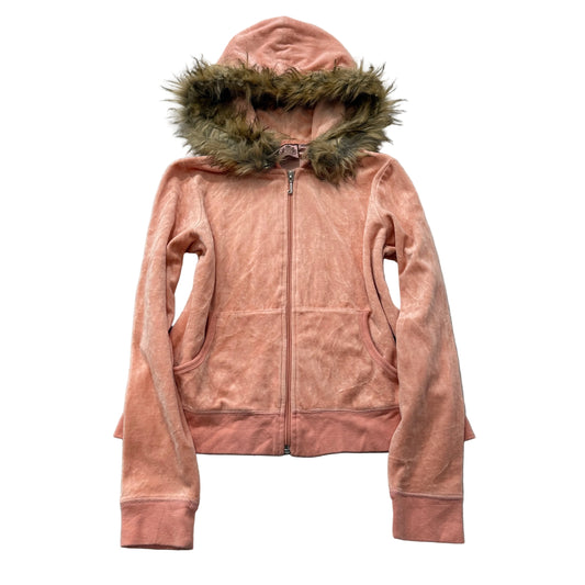 Vintage Juicy Couture Women's Coral Pink Velour Zip-Up Faux Fur-Trimmed Hood - S