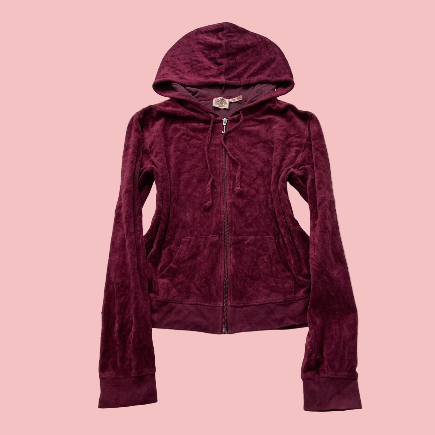 Vintage Juicy Couture Women's Maroon Velour Zip-Up Hoodie Drawstring Y2k Size L