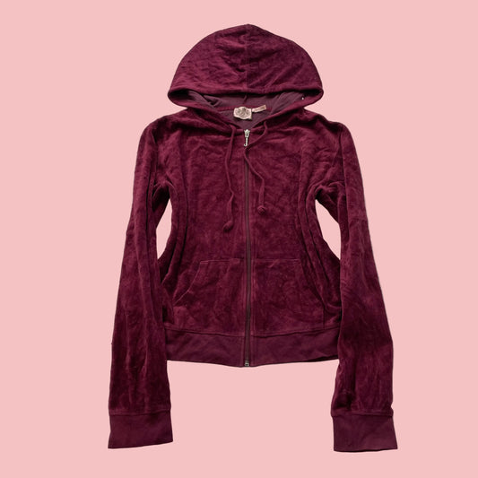 Vintage Juicy Couture Women's Maroon Velour Zip-Up Hoodie Drawstring Y2k Size L