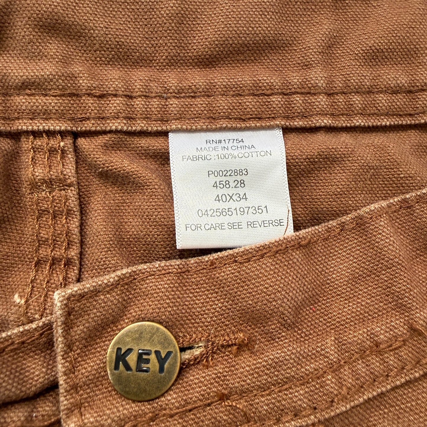 KEY Men's Brown Canvas Carpenter Pants Pockets Classic Logo Relaxed Size 40x34