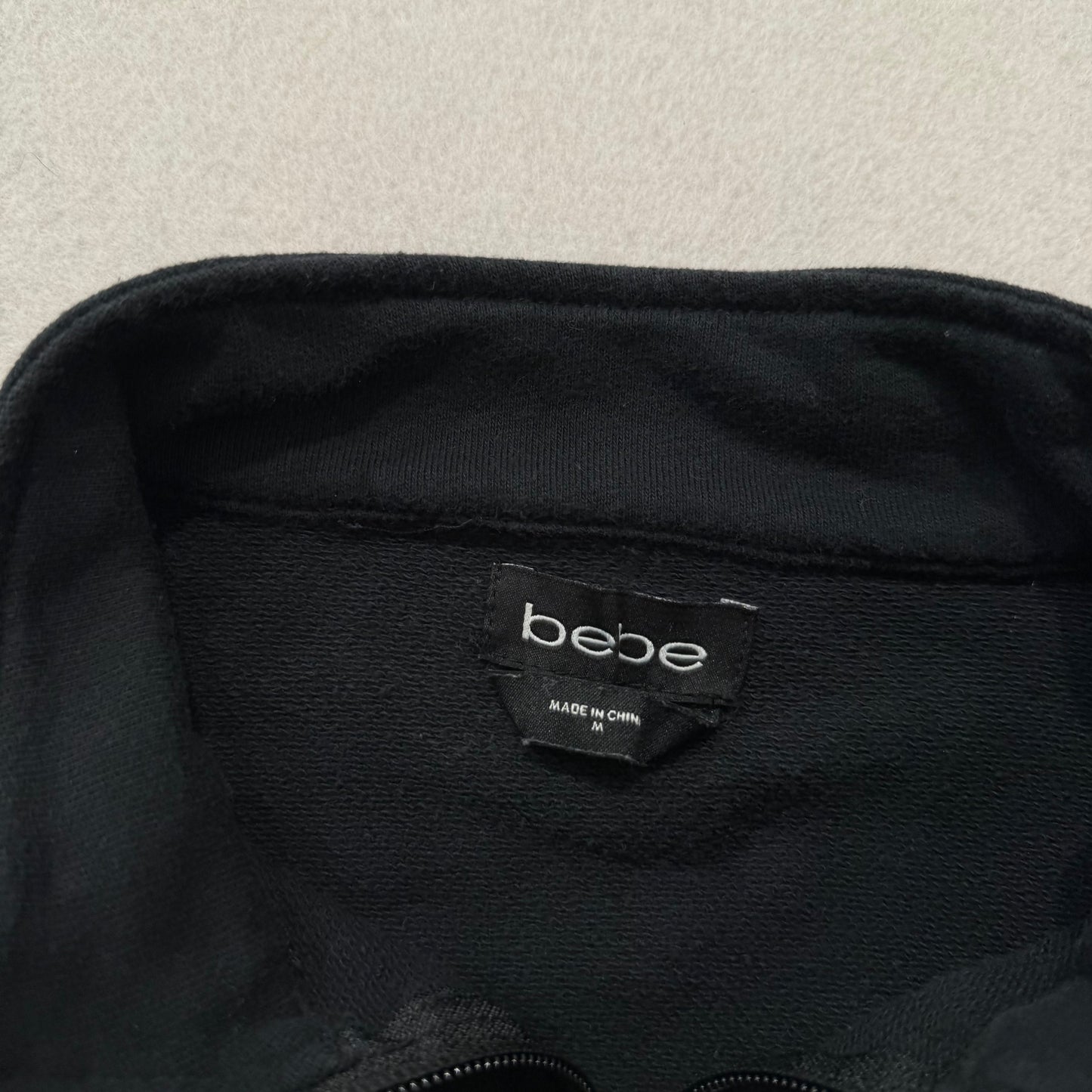 Bebe Women's Black Cotton Zip Up Track Jacket Rhinestone Logo Streetwear Size M