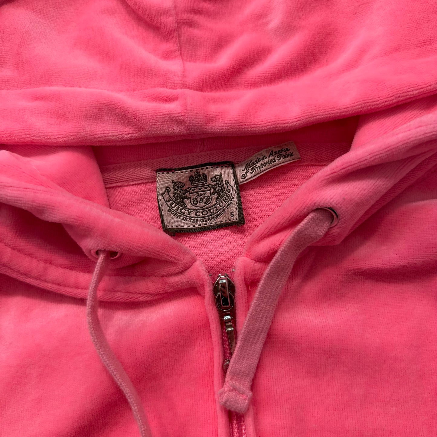 Vintage Juicy Couture Womens Vibrant Pink Velour Zip-Up Hoodie Drawstring Size S