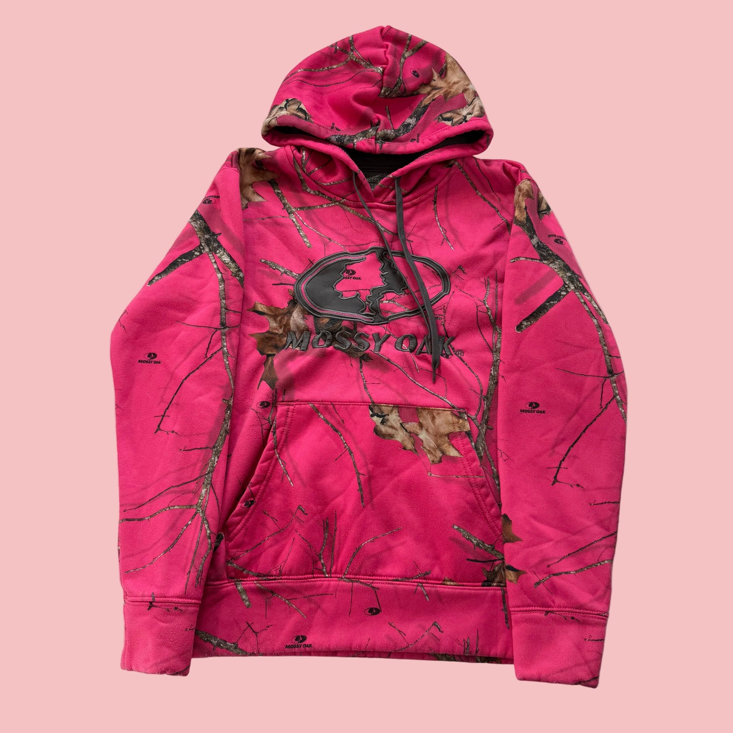 Mossy Oak Women's Pink Camo Pullover Hoodie Drawstring Logo Graphic Y2k Size M