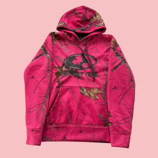 Mossy Oak Women's Pink Camo Pullover Hoodie Drawstring Logo Graphic Y2k Size M