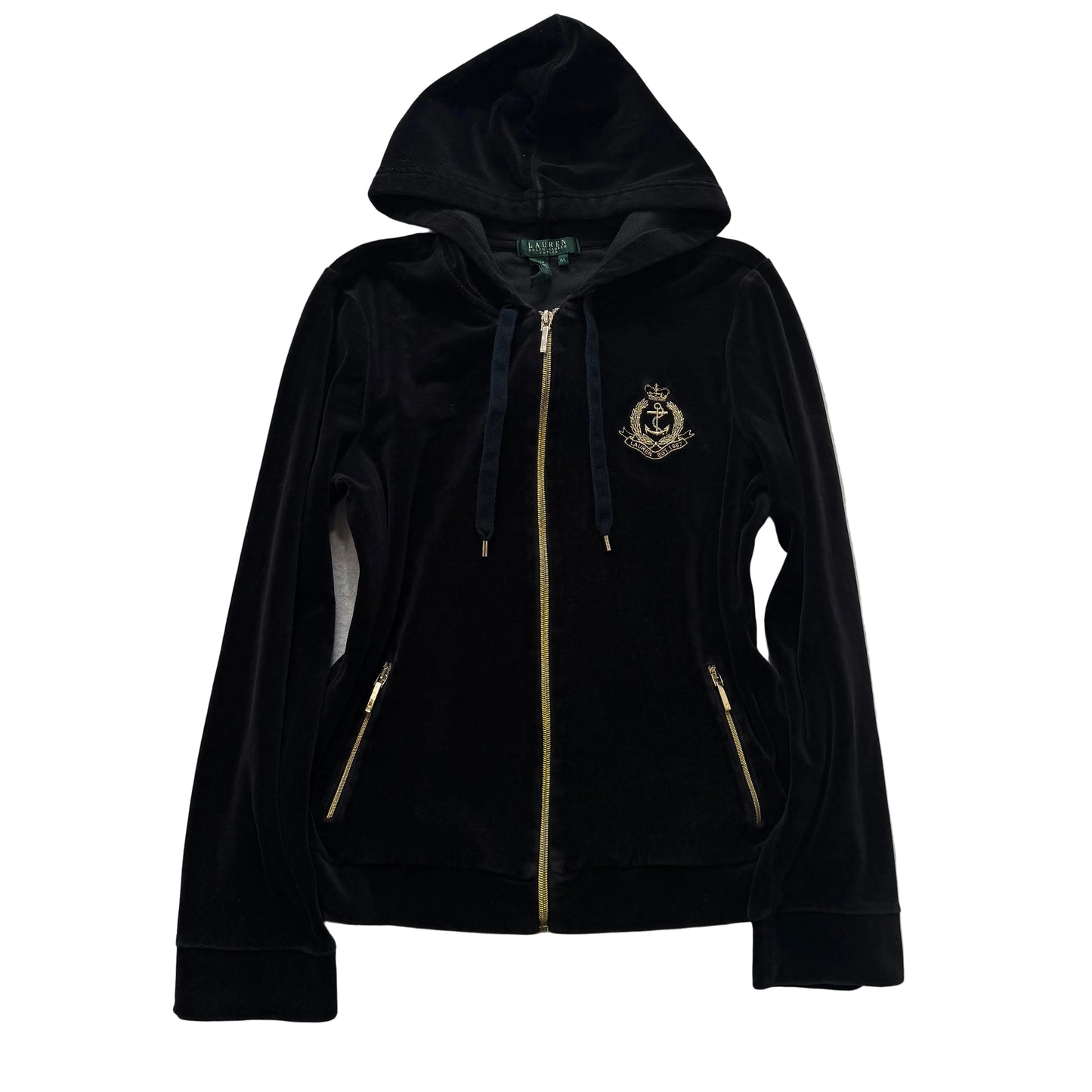 Lauren Ralph Lauren Women's Black Velour Full Zip Hoodie Zip Pockets Y2K Size L