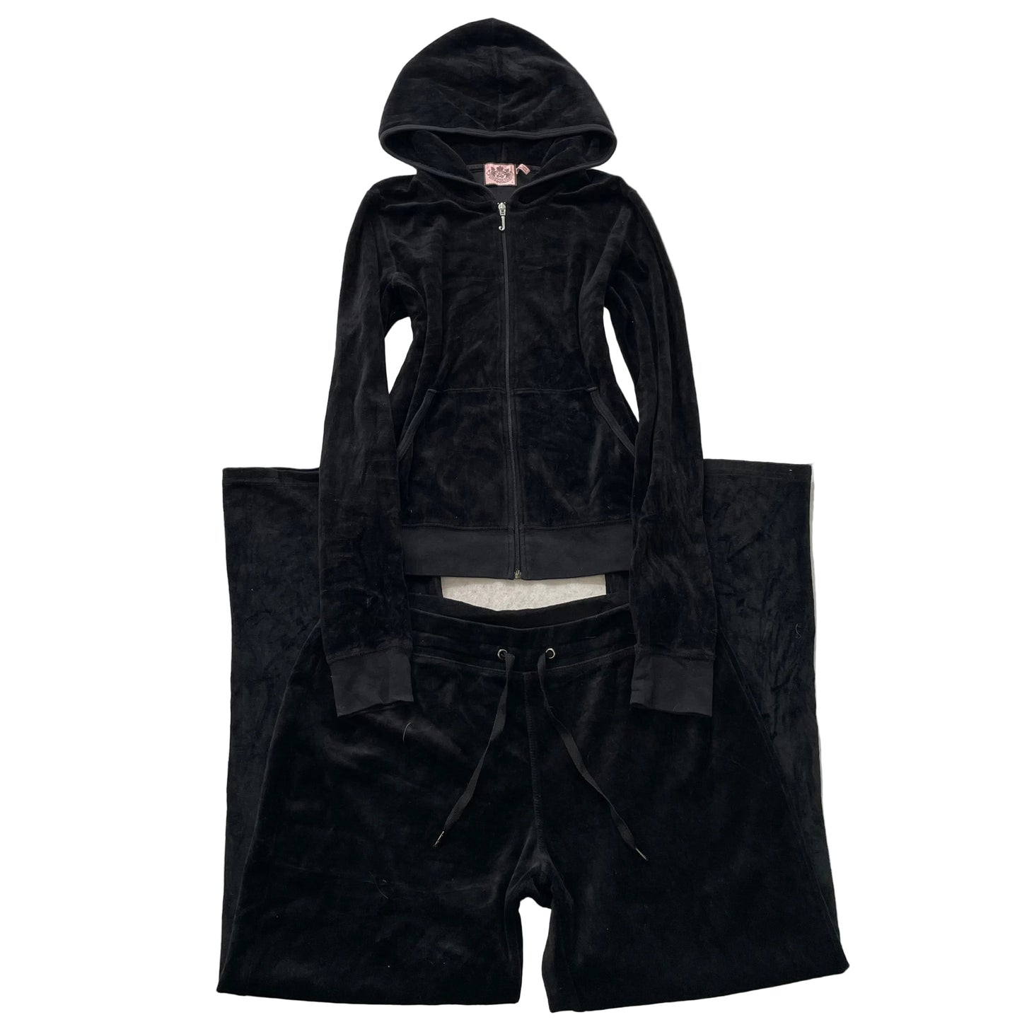 Vtg Juicy Couture Women's Black Velour Tracksuit Set Hoodie & Flared Pant Size L